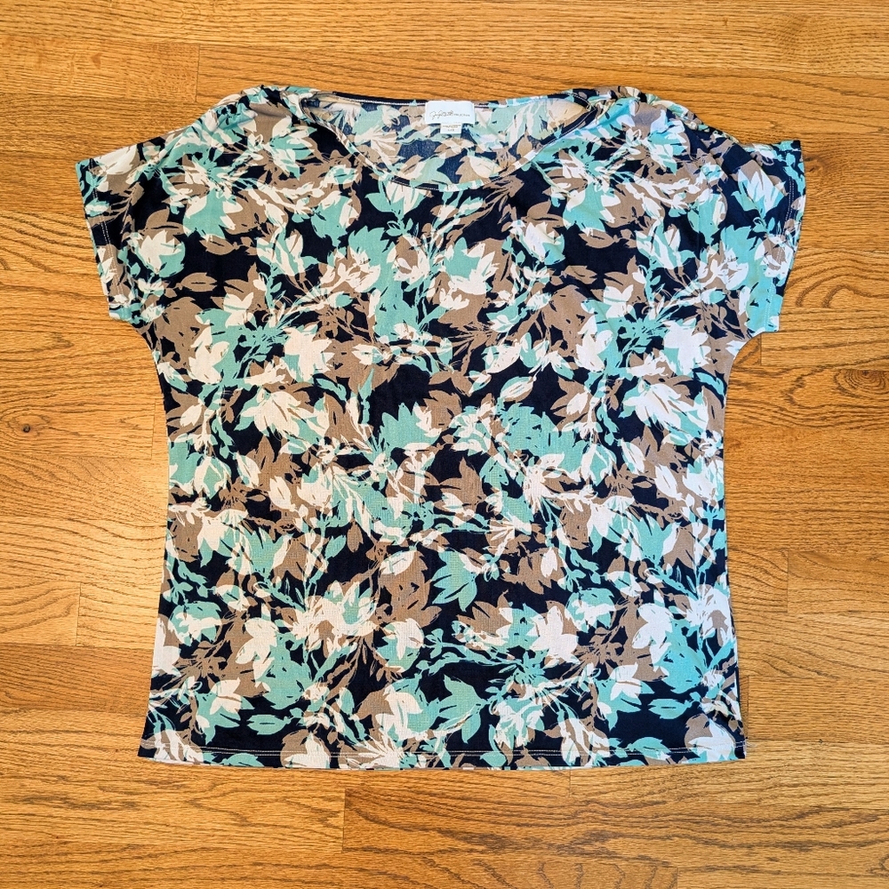 Jaclyn Smith Women’s Blouse Floral Black Teal Tan Abstract Print Size L